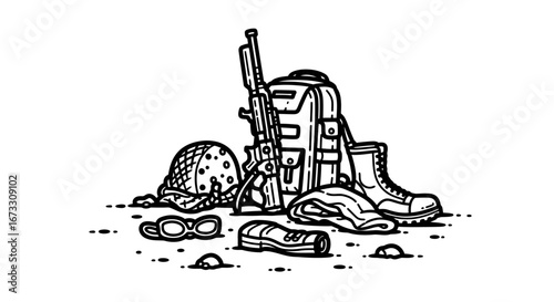 military gear illustration backpack, rifle, helmet, boots, and combat accessories