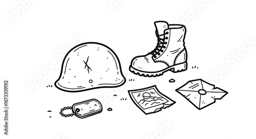 military relics helmet, boot, dog tags, photo, letter, ground, war, soldier, memory