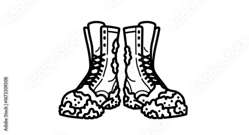 muddy boots illustration, grunge style, worn boots, line art, black ink, hiking boots, dirty footwear, graphic design element