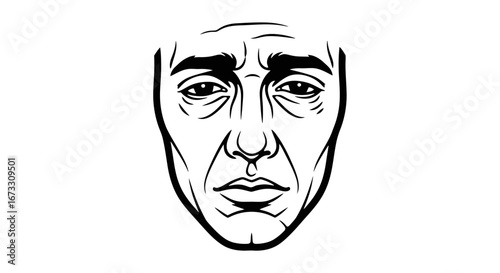 pensive man face illustration line art, black and white, serious expression, portrait, male, graphic