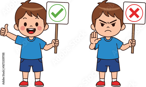Happy and angry cartoon boy showing correct and incorrect signs, emotional expression, decision making, right and wrong behavior concept