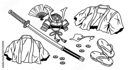 samurai armor, katana, kimono, fan fallen warrior tattoo design elements