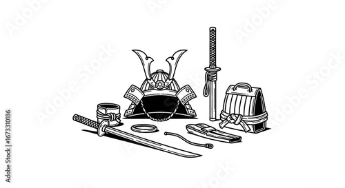 samurai armor, swords, and helmet japanese warrior illustration