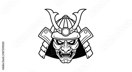 samurai oni mask line art japanese warrior helmet illustration