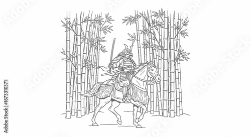 samurai on horseback riding through bamboo forest japanese warrior, medieval japan