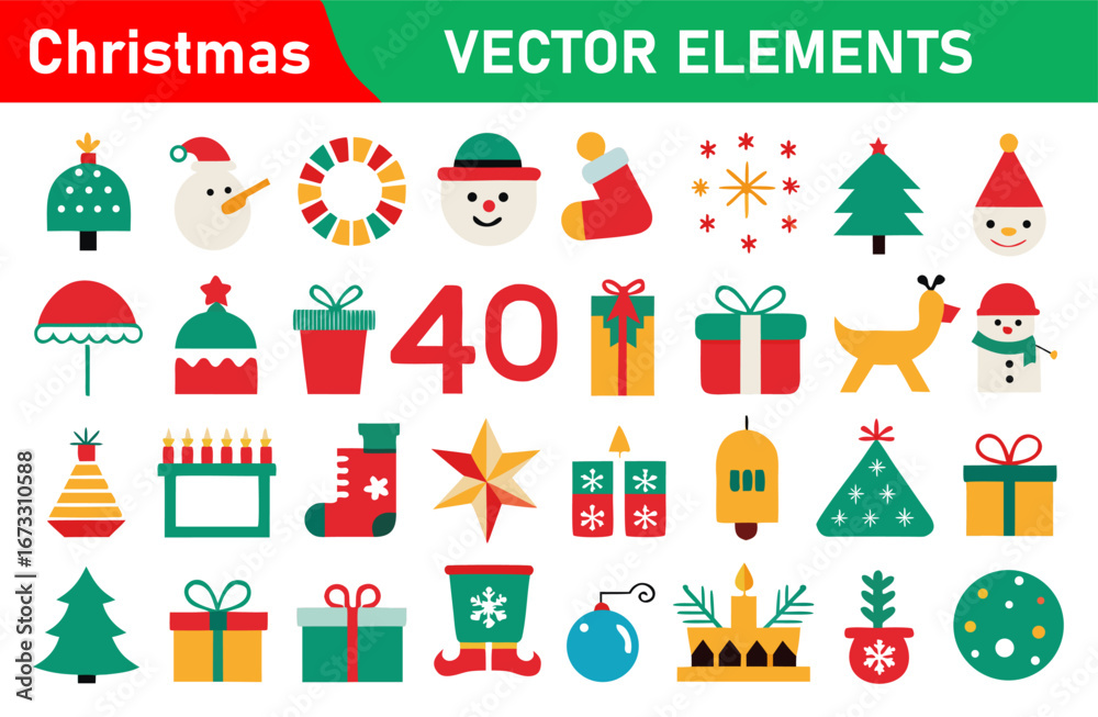 Fototapeta premium Festive Christmas Vector Elements Set with Trees Gifts Snowmen and Decorations