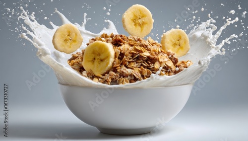 Bursting cereal bowl Sliced bananas levitate around oat clusters in a white bowl, milk splashing in a dynamic mid-air explosion on light grey
