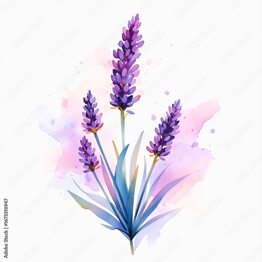 Fototapeta premium A sprig of lavender, painted in watercolor, with a gradient of colors. Leaves of cold shades, purple inflorescences. A scattered pastel spot in the background. Watercolor composition in a floral style