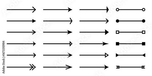 Long arrow vector set. Straight line arrow shape elements for direction in different style including divider and separator.