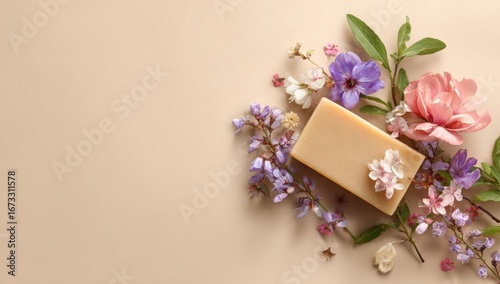 Pastel-toned soap surrounded by spring blossoms