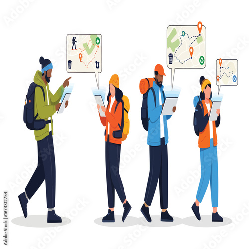 Diverse group of tourists with backpacks navigating with maps. Hiking and travel character set vector.