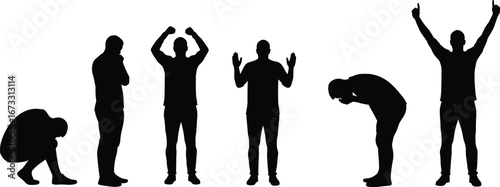 Silhouette of man showing various emotions, body language poses, happiness, sadness, frustration, celebration, isolated black figure, human emotional expression.