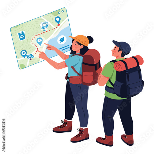 Hikers planning eco-route on a digital map. Sustainable tourism and green travel vector illustration.
