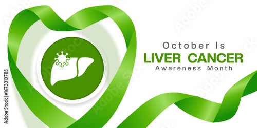 October is Liver Cancer month. Liver, virus and ribbon. Suitable for posters, banners and social media. White background.
