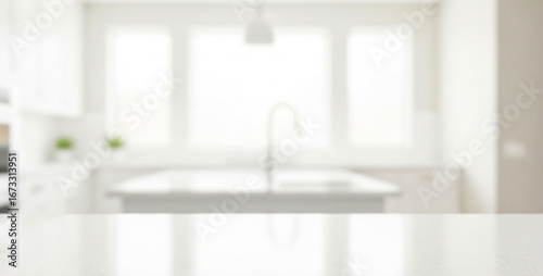 Blurred kitchen interior with white cabinets, counter, and window light, emphasizing warm reflections, minimalistic style, and a peaceful mood in the domestic space.