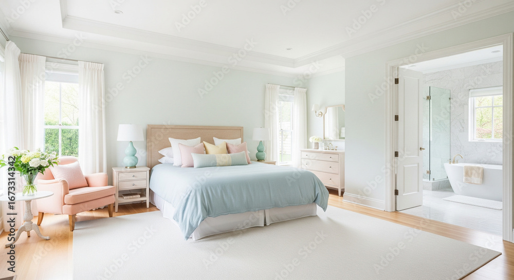 Fototapeta premium Bright and elegant master bedroom with soft colors