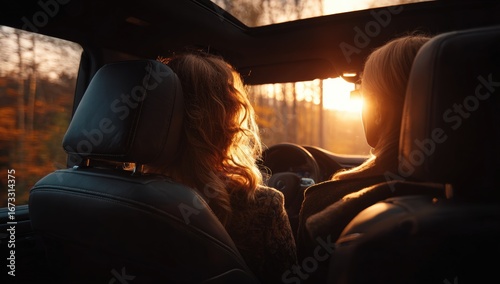 Two women driving a car at sunset