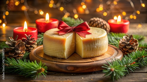 Festive Christmas Cheese Wheel with Candles and Pine Cones on Wooden Table