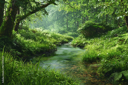 Serene forest stream flowing through lush green vegetation a misty tranquil scene