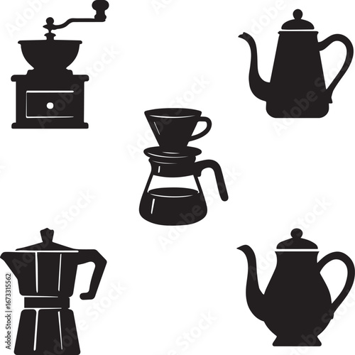 Vintage Coffee Brewing Equipment Silhouettes – Classic Grinders, Kettles, and Pots for Authentic Café-Inspired Coffee Day Design