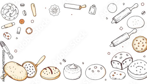 Whimsical hand-drawn bakery elements including flour, rolling pins, bread, and pastries on a cream background,  food,  cupcake