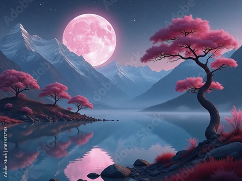 Pink Moon Over Mountain Lake