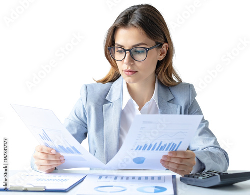 Actuary Working with Printed Financial Reports, isolated on transparent background PNG