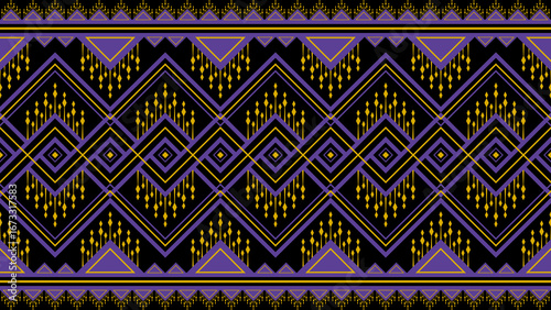 Seamless ethnic and tribal pattern in purple and gold on black background for your textiles.