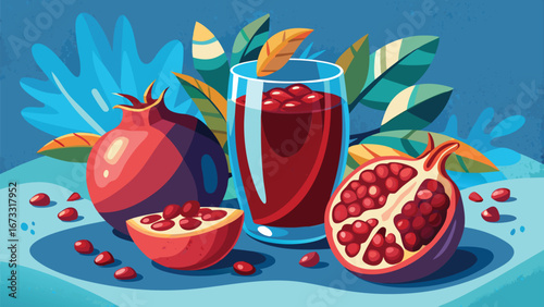 A refreshing glass of deep red pomegranate juice sits beside whole and halved pomegranates, accented by green leaves and scattered arils.