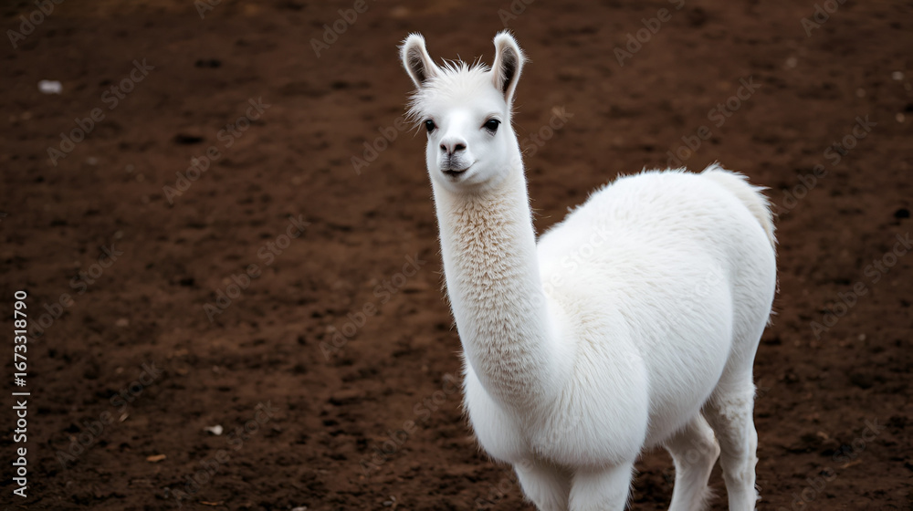 Fototapeta premium a white llama standing on top of a dirt field, its fur blending in with the dark background Its long, slender body is covered in a thick layer of fur, and its eyes