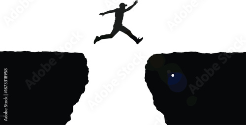 Man jumping cliff, leap of faith silhouette, risk challenge concept, gap jump vector, success achievement, overcoming obstacle, motivational action scene.
