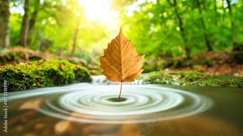 Golden Leaf Balanced on Water Creating Ripples in Serene Forest Scene with Mossy Rocks and Sunlight in Background