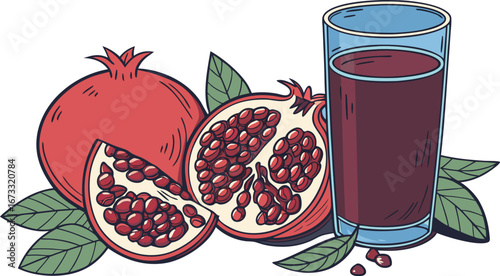 Fresh pomegranate juice and whole and halved pomegranates with leaves