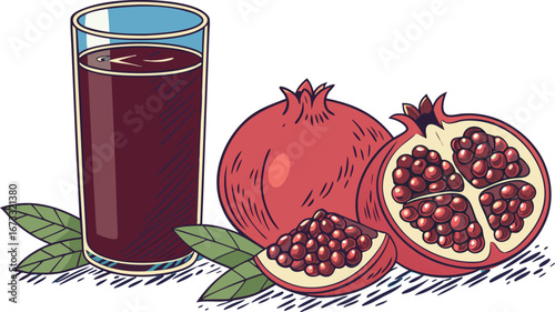Fresh pomegranate juice and whole and halved pomegranates with leaves