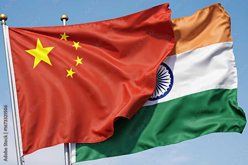Fototapeta premium Political tension between China and India. Symbolizes conflict, border disputes, and strained diplomatic relations between the two countries