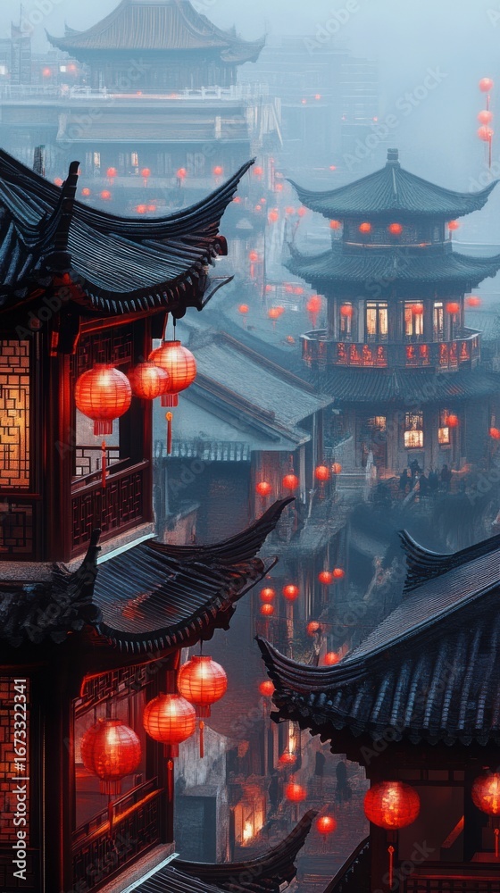 Fototapeta premium Ancient Chinese building illuminated with red lanterns for New Year Eve.