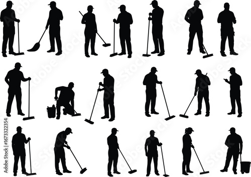 Cleaning staff silhouettes, janitor with mop, maintenance worker, sanitation person vector, people cleaning poses, broom, bucket, cleaner job illustration, uniformed workers.