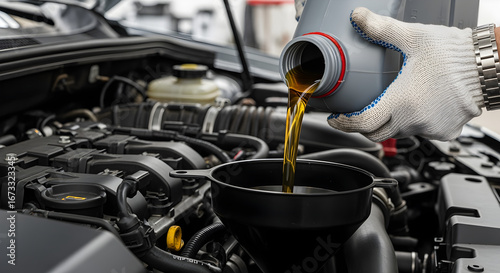 Auto Mechanic Changing Car Oil with Protective Gloves in Engine Compartment Showing Detailed Vehicle Maintenance and