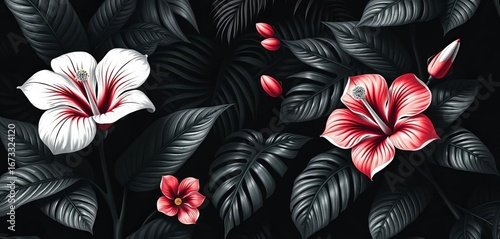 Black & white exotic monstera, palm & hibiscus seamless pattern  Tropical vintage style, night background, tropical, floral