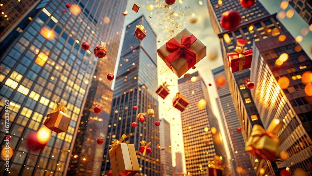Obraz premium Festive Holiday Season Gifts Floating in a Cityscape with Skyscrapers