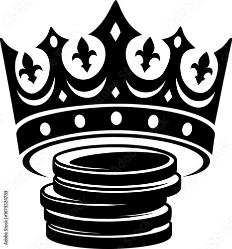 Crown with stacked coins symbolizing wealth, success, royalty, leadership, financial prosperity, rich achievement