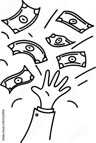 Hand reaching for falling money wealth, opportunity, financial gain, luck, investment, income, economic success, prosperity concept