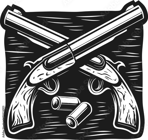 crossed vintage double barrel shotguns with shotgun shells classic hunting firearm, engraved wood detail, retro illustration