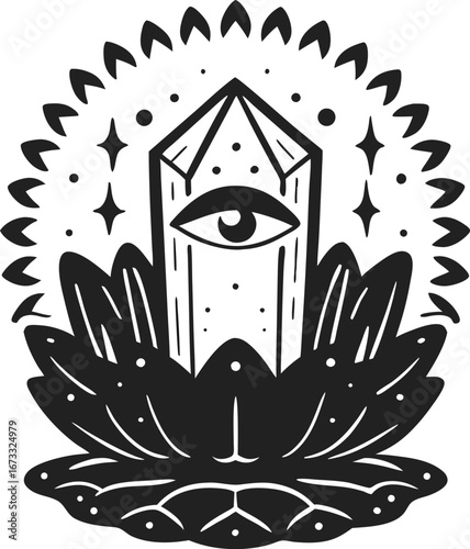 Mystical all seeing eye on geometric crystal with lotus flower spirituality, enlightenment, third eye symbolism, esoteric design