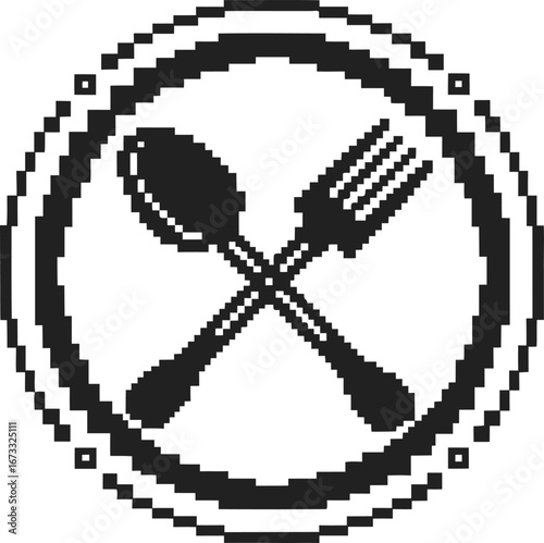 Pixel art crossed spoon and fork inside round frame retro black and white dining utensils icon, restaurant symbol