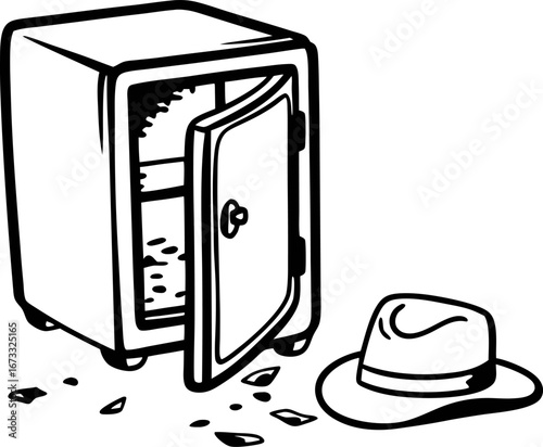 Open empty safe with scattered broken pieces and fedora hat, burglary or theft concept, black and white illustration