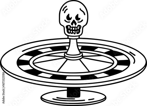 Skull on roulette wheel symbolizing risk and danger gambling concept, hazard, luck, game of chance, cautionary design