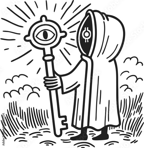 mysterious hooded figure holding ancient key with eye symbol in surreal landscape occult concept, mystical guardian illustration