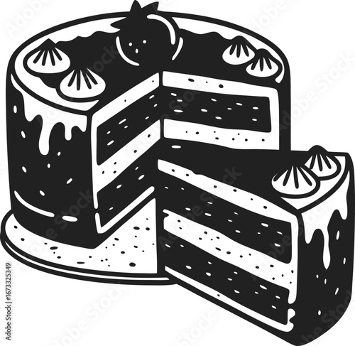 Chocolate layer cake with slice cut out icing drip decoration, creamy filling and berry on top dessert, bakery, sweet treat illustration