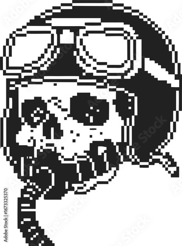 Pixel art skull in aviator helmet with goggles and breathing hose, retro monochrome style, aviation and adventure concept